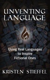 Cover of "Unventing Language" by Kristen Stieffel. Background of movable type overlaid with a flame icon.