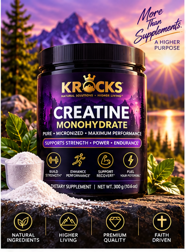 KROCKS Creatine Monohydrate supplement with creatine powder and scoop against a mountain lake background ROC609