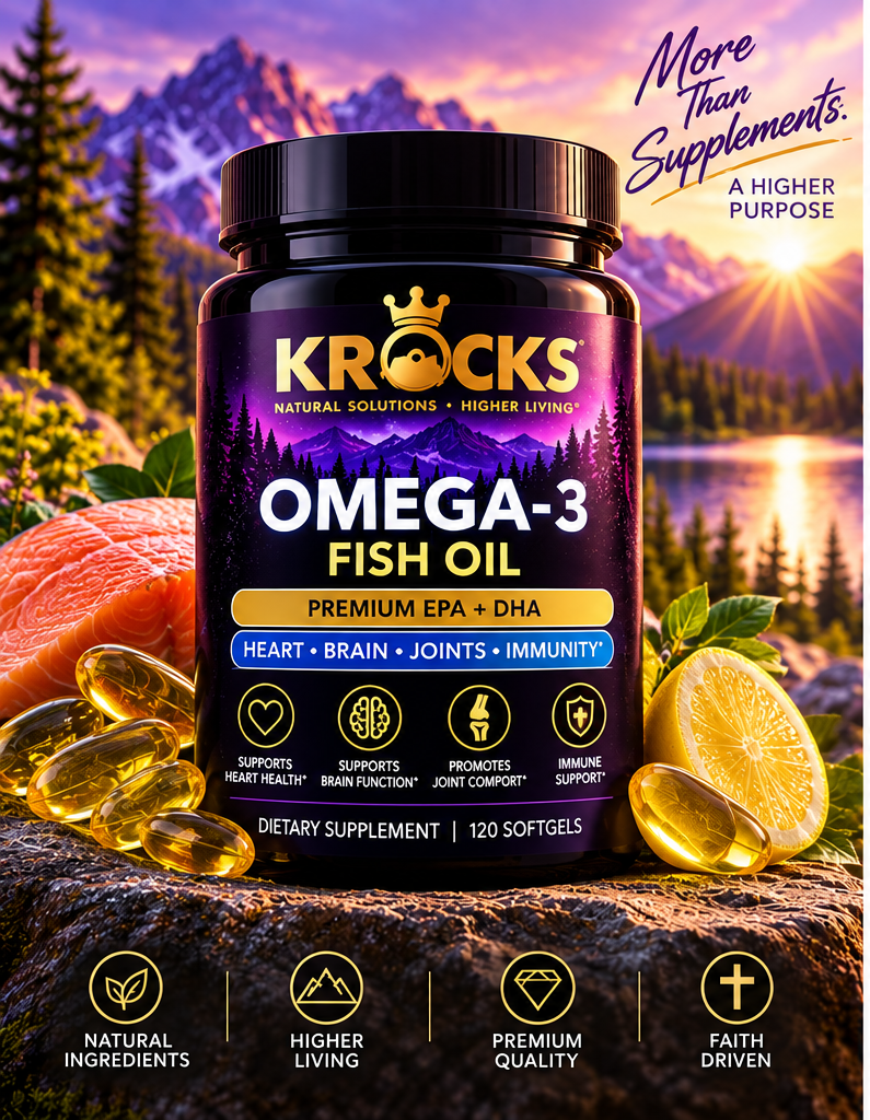 KROCKS Omega-3 Fish Oil supplement with softgels, salmon, lemon, and mountain lake background – SKU ROC814