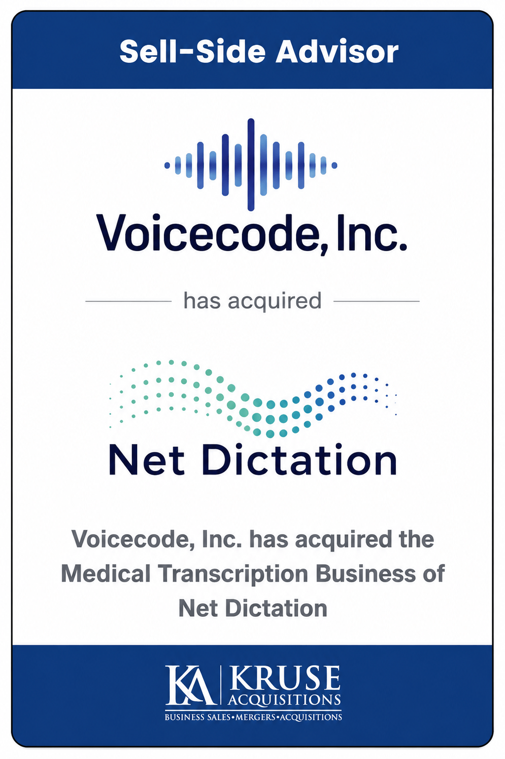 Voicecode, Inc. has acquired Net Dictation — M&A deal tombstone; Kruse Acquisitions advised.