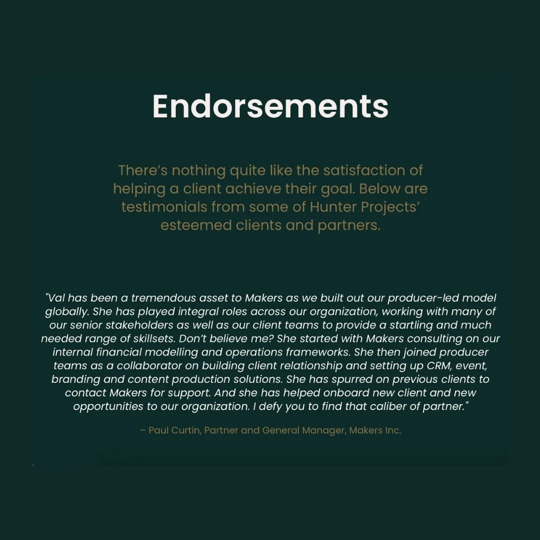 Endorsements screenshot from Hunterprojects.ca