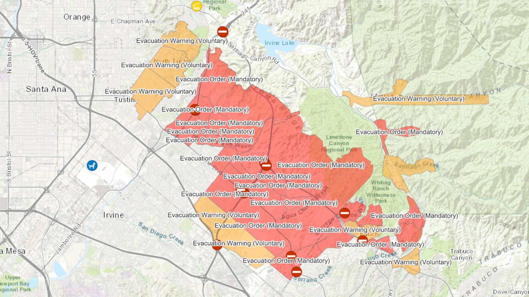 Evacuation Zone Silverado Fire California Wildfires Silverado Blue Evacs 