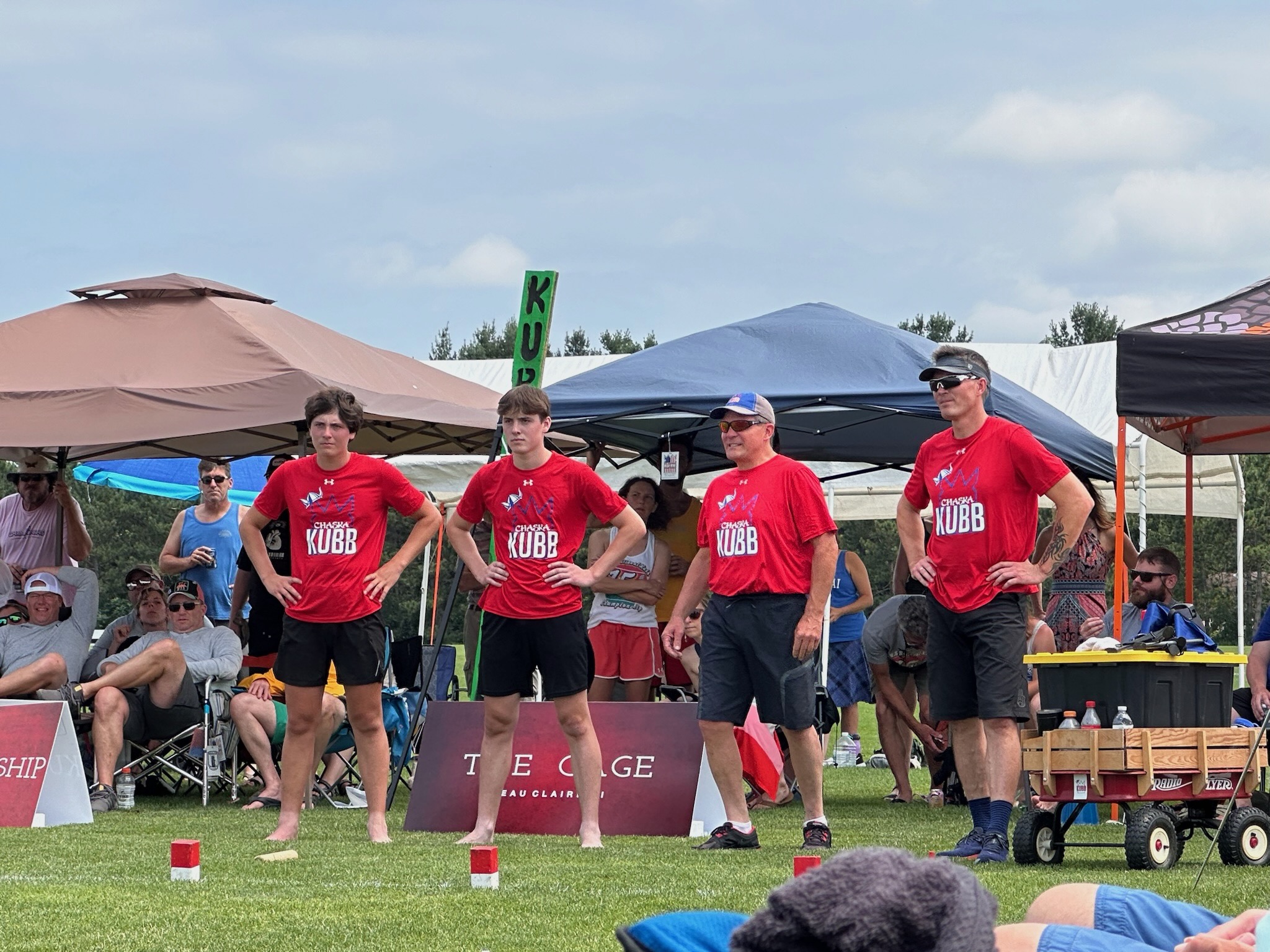 Photo of the Oman family team, Chaska Funky Badasses at the 2024 U.S. National Kubb Championship finals.