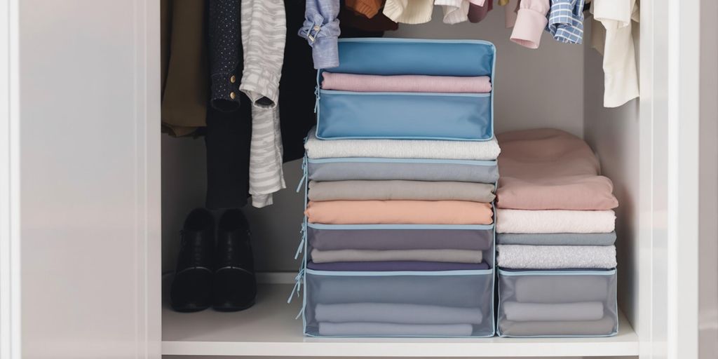 Organised wardrobe with colourful space saver bags.