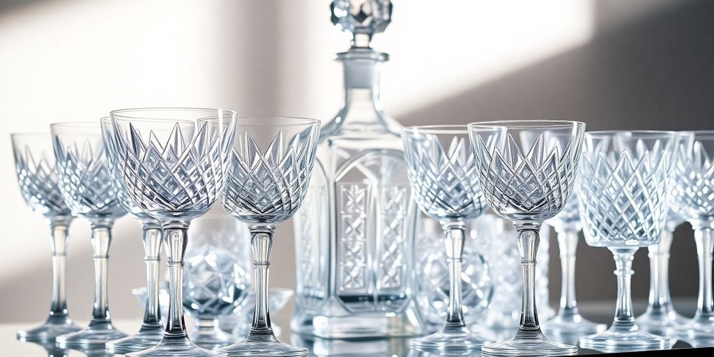 Sparkling crystal barware arranged elegantly on a surface.