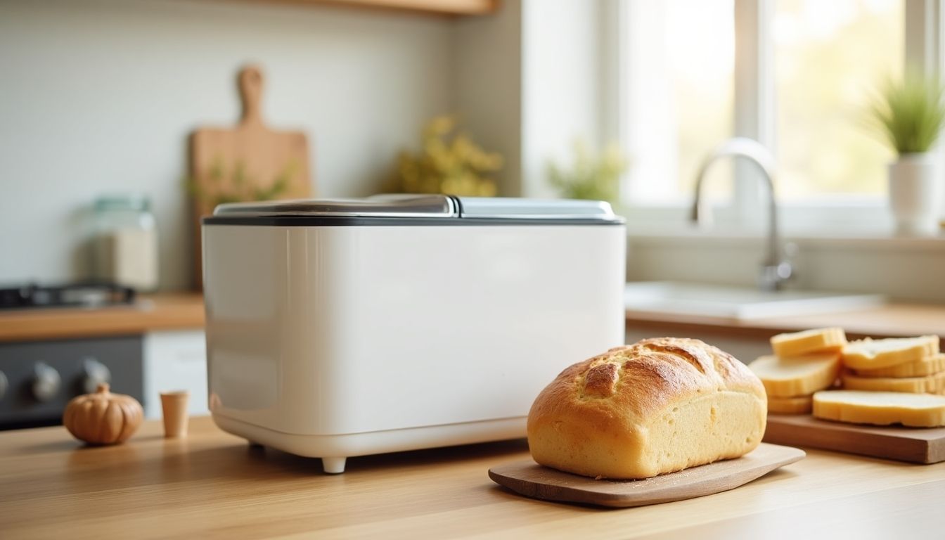 Bread maker with a loaf of freshly baked bread.