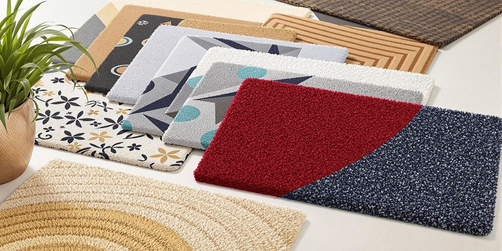 Selection of colourful washable doormats on display.