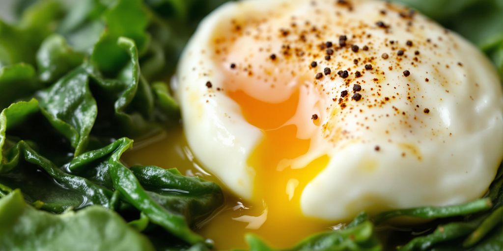 Close-up of poached eggs on spinach plate.