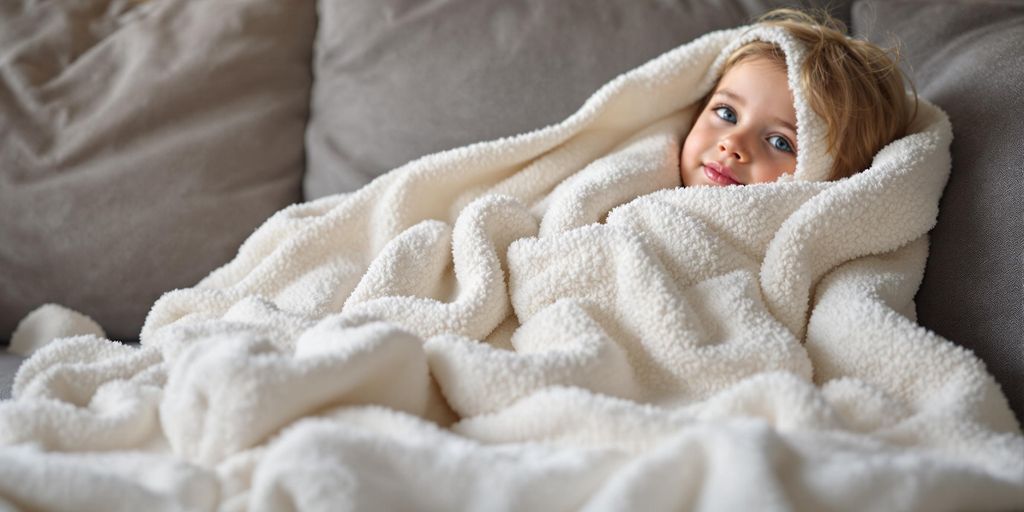 Child snuggled in an electric blanket on a sofa.