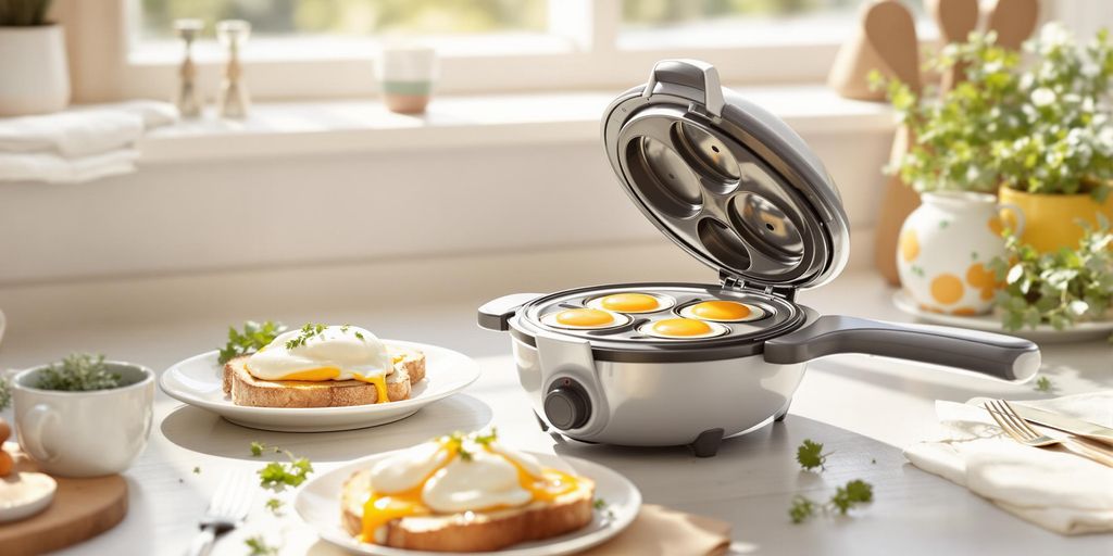 Electric egg poacher with poached eggs on toast.