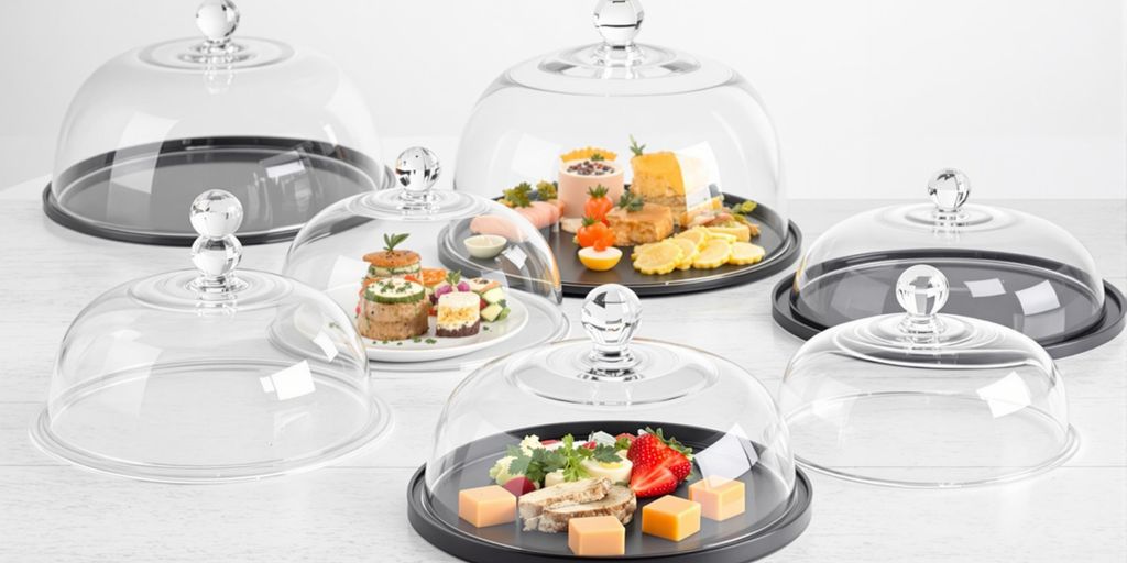 Various stylish budget food domes on a clean surface.