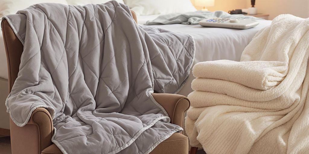 Electric blanket and heated throw on a bed.