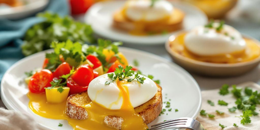 A delicious breakfast with poached eggs and vegetables.
