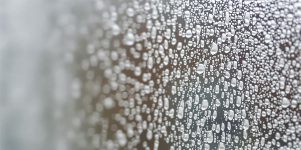 Condensation on double-glazed windows with droplets visible.