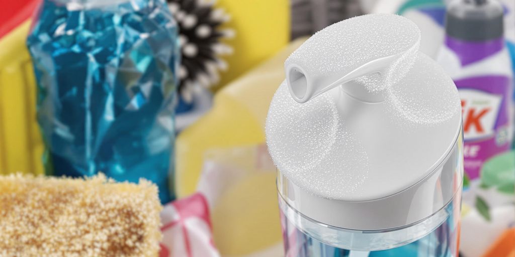 Clean dispenser with sponge and cleaning supplies.