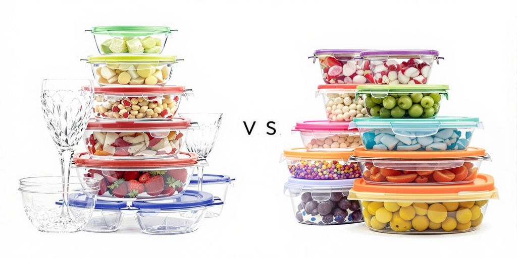 Glass and plastic food containers side by side.