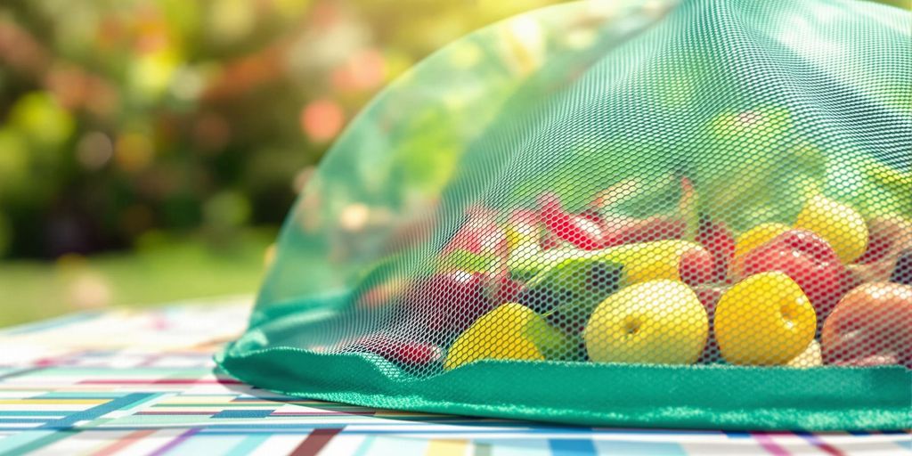 A mesh food dome over fresh picnic food outdoors.