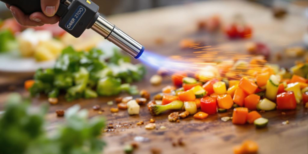 Kitchen blow torch caramelising vegetables on a wooden surface.