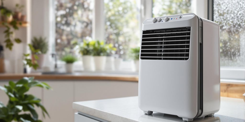 Modern dehumidifier in a bright UK kitchen setting.