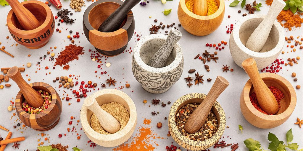 Various styles of Thai mortar and pestle on display.