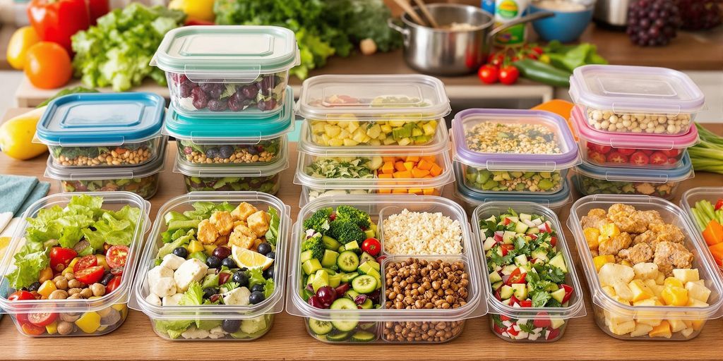 Meal prep containers filled with healthy foods on table.