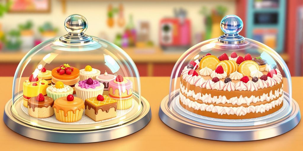 Food dome and cake dome with desserts inside.