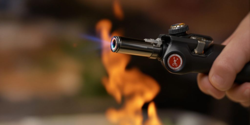 Kitchen blow torch with flame, highlighting safety features.