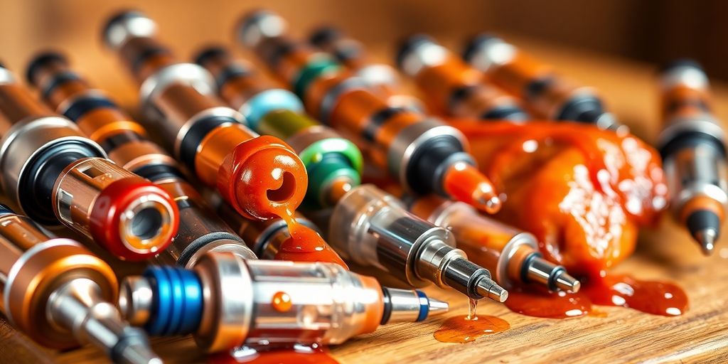 Collection of marinade injectors on a wooden surface.