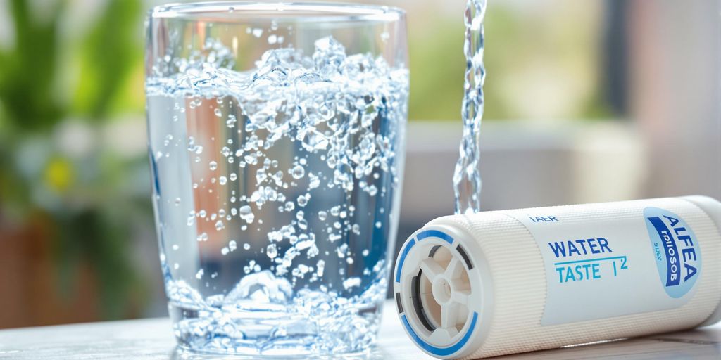 Clear water in a glass with a filter cartridge.