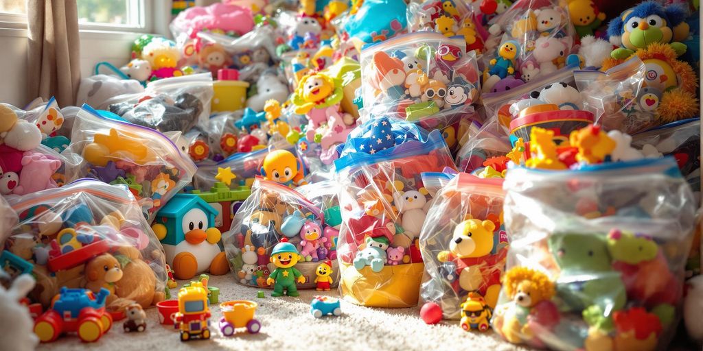 Children's toys organized in clear space saver bags.