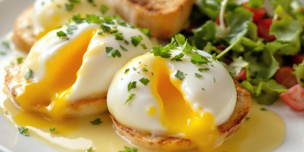 Close-up of multiple poached eggs on a plate.