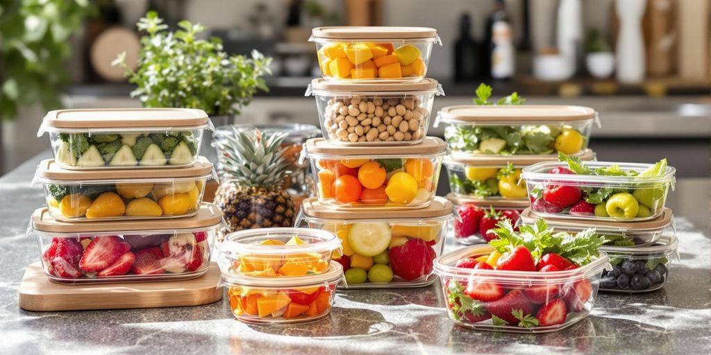 Eco-friendly food containers with fruits and vegetables.