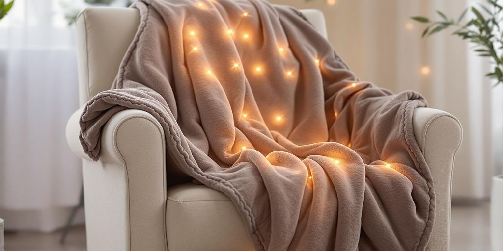 Cozy electric blanket on an armchair in a tranquil room.