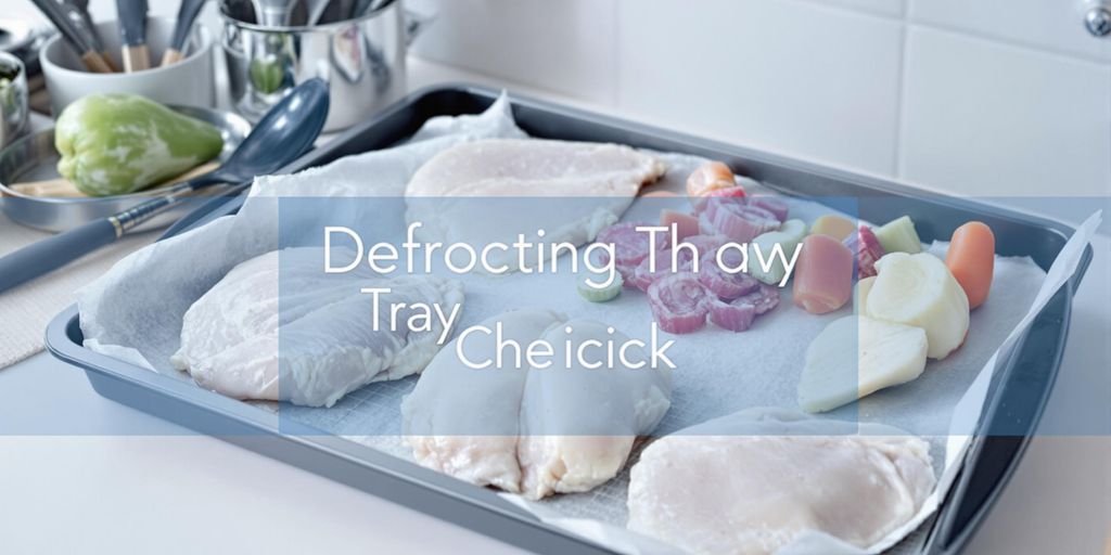Defrosting tray with frozen chicken and vegetables.