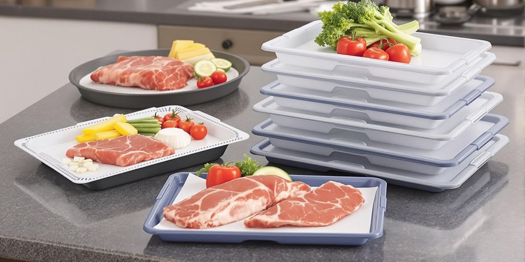 Defrosting trays on a kitchen countertop with food.
