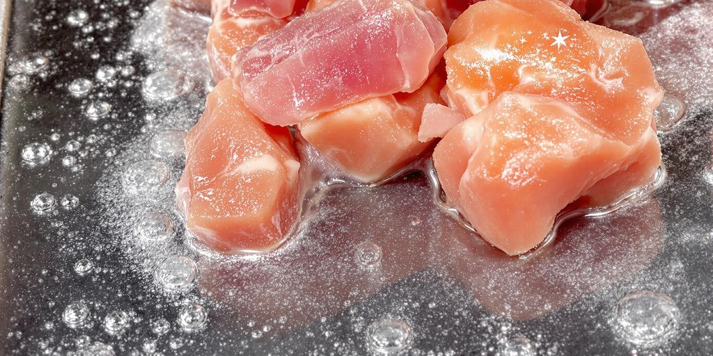 Defrosting tray with frozen food for quick thawing.
