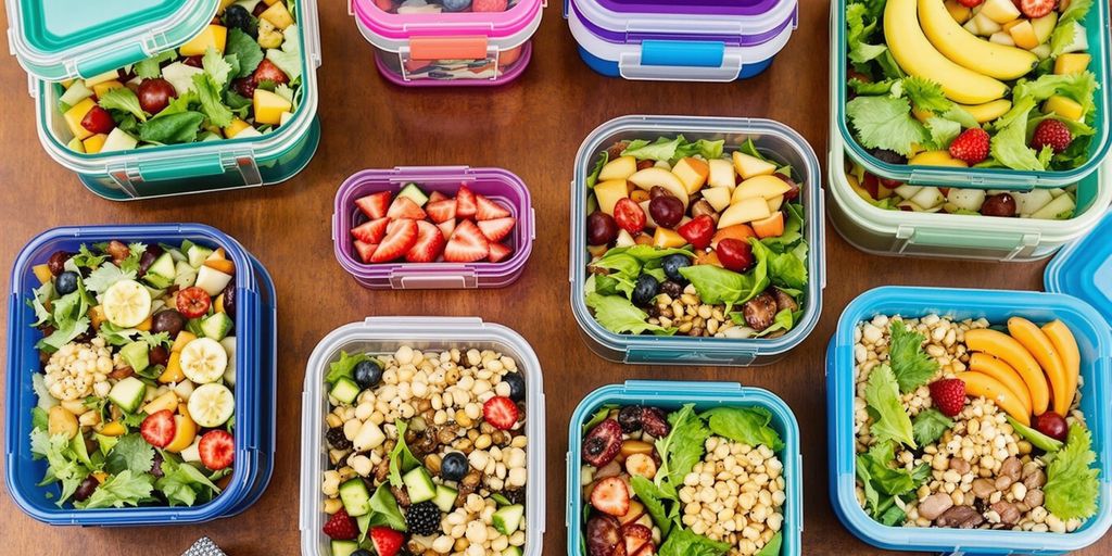 Variety of colourful lunch containers with fresh meals.