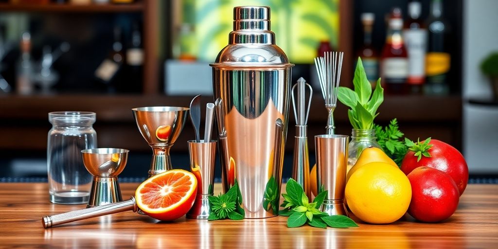 Cocktail shaker set with fresh fruits on a bar.