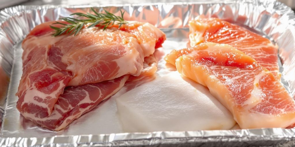 Aluminium defrosting tray with thawing food items.