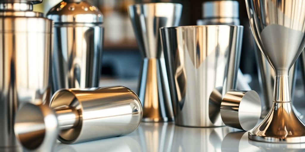 Polished stainless steel barware with a shiny finish.