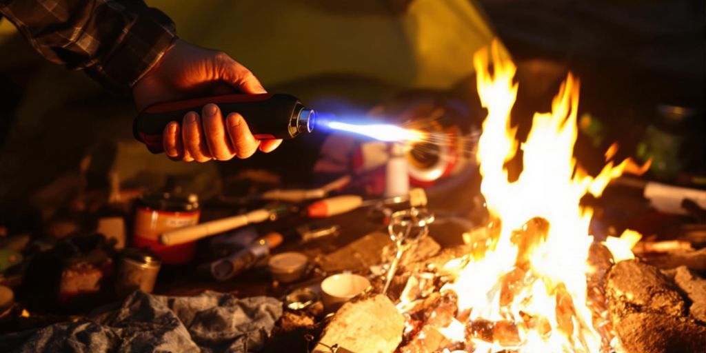 Portable blow torch ignited at a campsite outdoors.