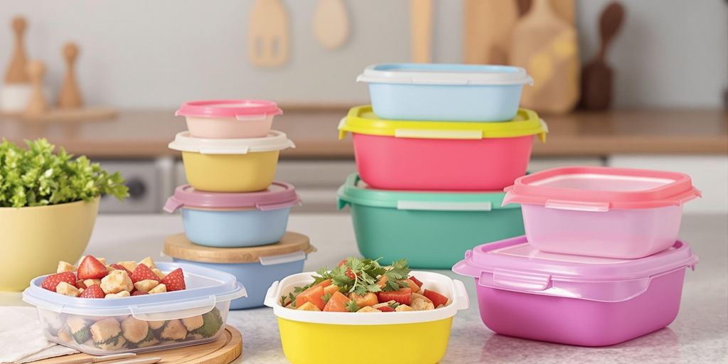 Colourful microwave-safe food containers on a kitchen counter.