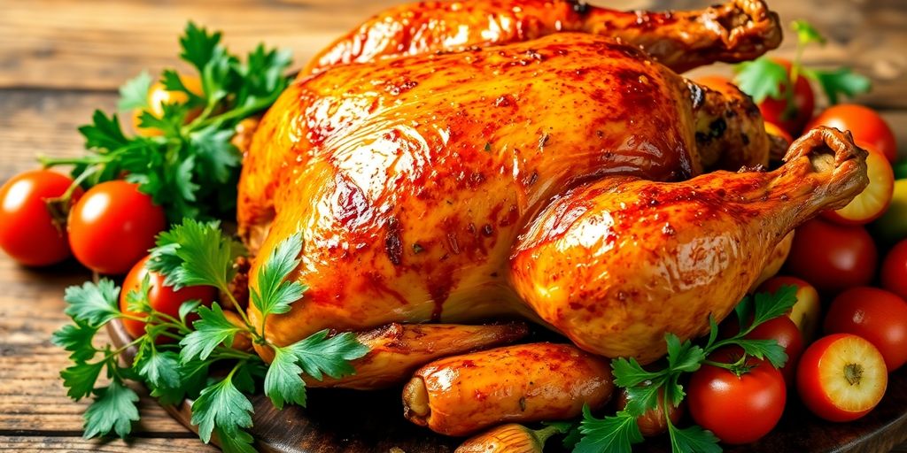 Roasted chicken on a wooden table with herbs and vegetables.