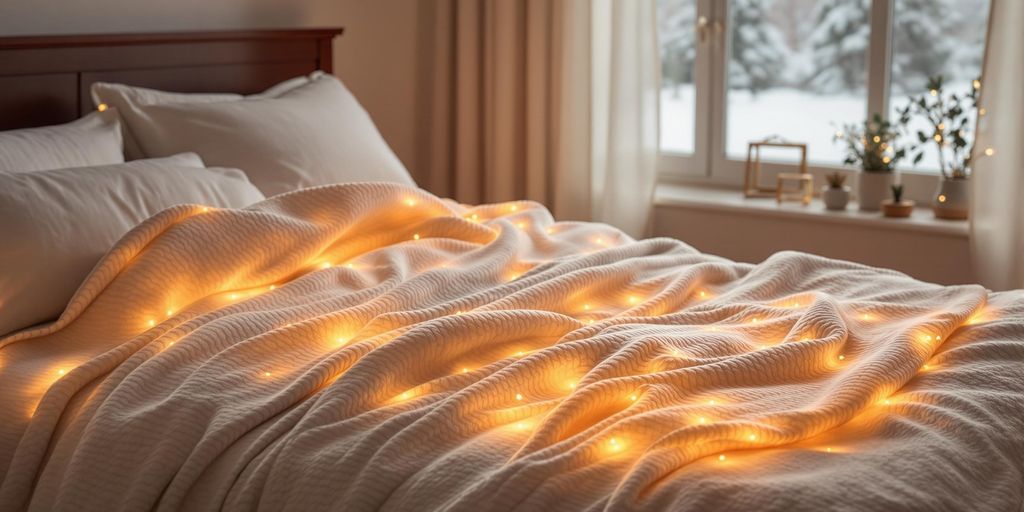 Cozy bed with soft electric blanket in warm lighting.
