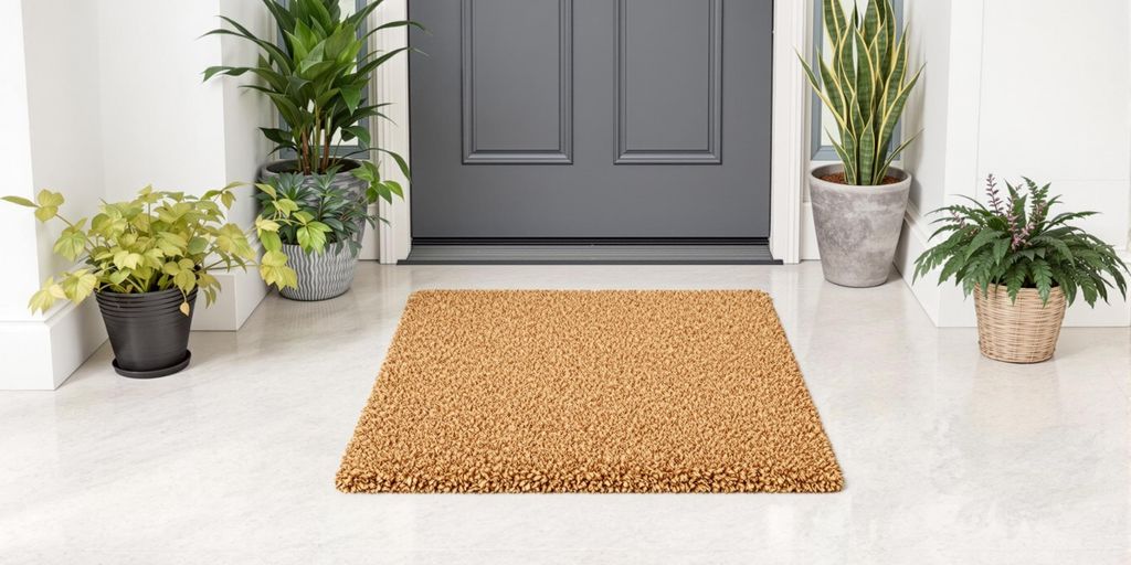 Colourful washable doormats in a pristine entryway.
