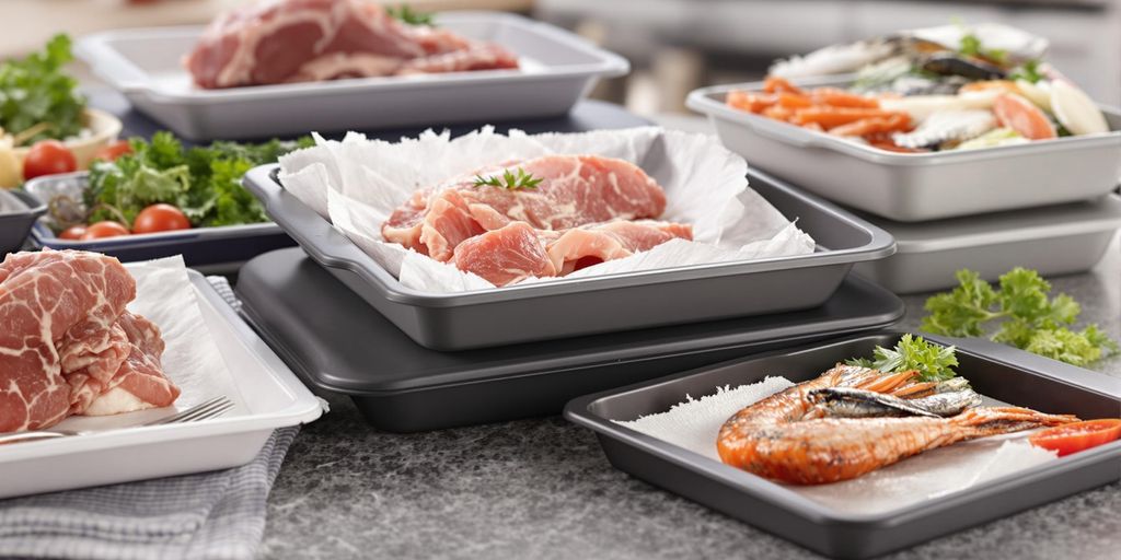 Close-up of different defrosting trays on countertop.