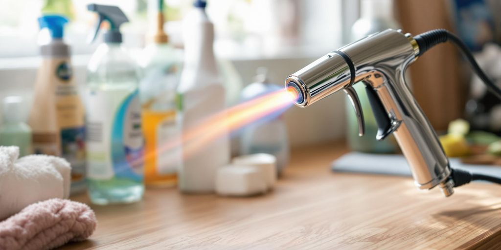 Kitchen blow torch on countertop with cleaning supplies.