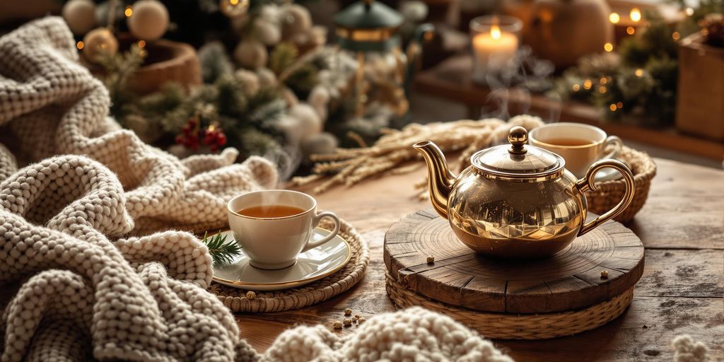 Steaming teapot and cups on a warm table.