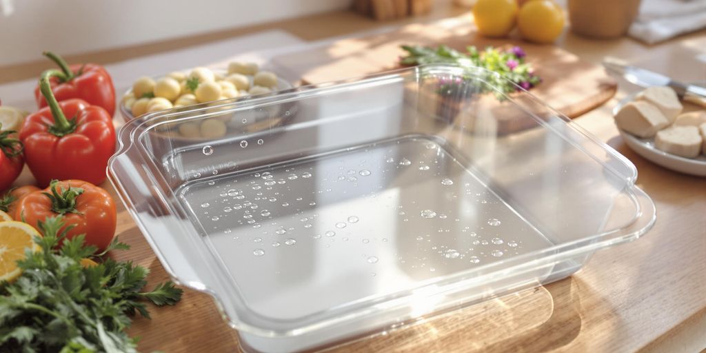 Defrosting tray on wooden countertop with vegetables.