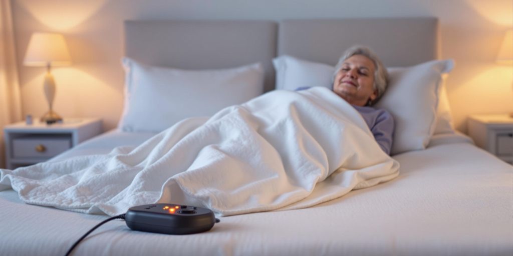Elderly person wrapped in an electric blanket in bed.